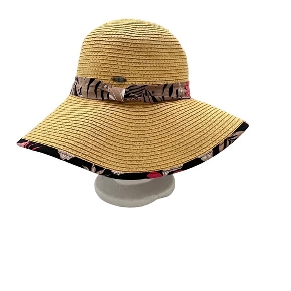 C.C Floppy Wide Brim Tan Straw Sun Hat Floral Pattern Ribbon & Adjustable Ties - Picture 3 of 12